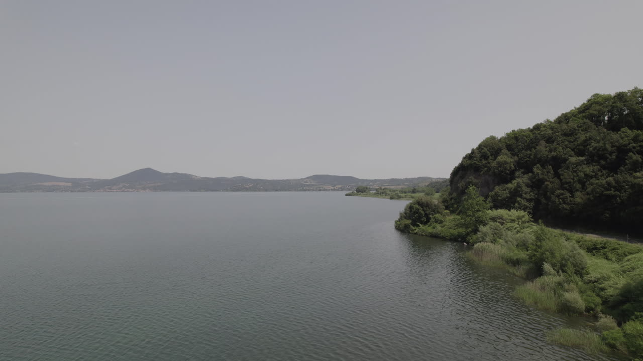 drone disparado volando cerca del borde de los árboles en lago di bracciano italia en un día brillante y soleado con coches conduciendo en la carretera cerca de la costa del lago de registro