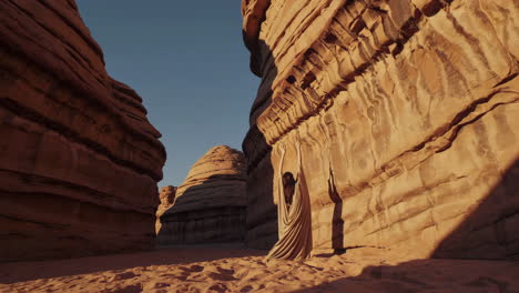 a solitary figure in a desert canyon
