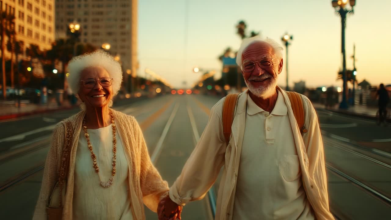 A Heartwarming Journey: An elderly couple strolling hand-in-hand, embodying love and companionship as they navigate through a beautiful sunset-lit street, showcasing the magic of shared moments