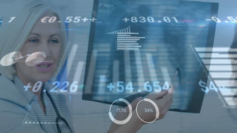 animation of data processing and statistics over female doctor and patient looking at x ray scan
