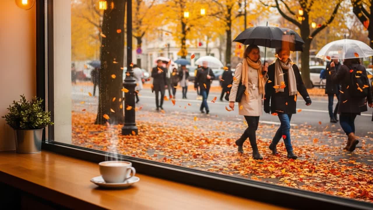 A Cozy Autumn Scene Captured Through a Caf? Window, Featuring a Warm Coffee Cup Overlooking Rainy Streets with Colorful Fallen Leaves and People Walking with Umbrellas