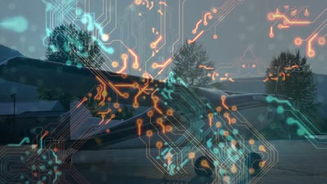 Animation of computer circuit board over plane
