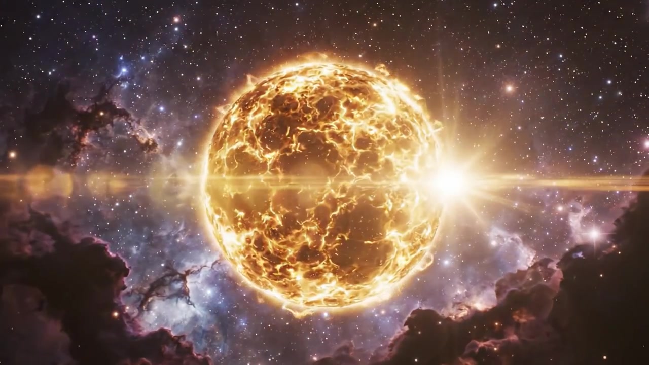 A Stunning Journey Through the Cosmos: From a Vibrant Cosmic Explosion to an Intense, Fiery Solar Body Illuminating the Galaxy