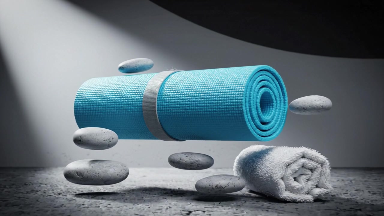 Dynamisk komposisjon av yogamatte og håndklær omgitt av steiner i et minimalistisk miljø som fremhever velvære- og treningstemaer.