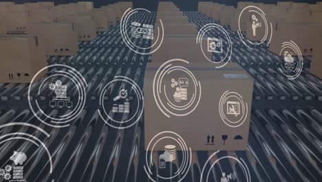 animation of digital icons over cardboard boxes on conveyor belts