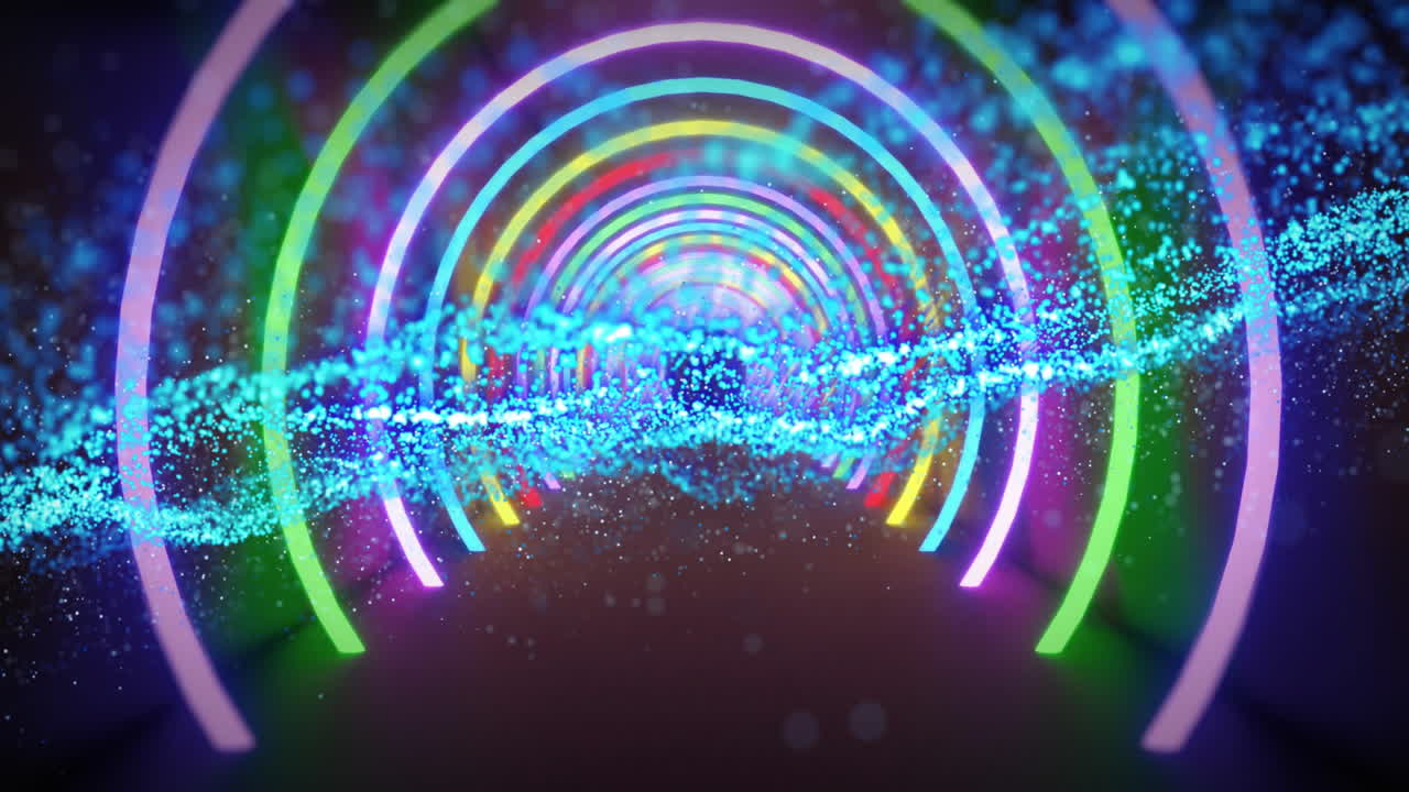 neon arches receding along dark digital tunnel, glowing cyan particles creating dynamic contrast