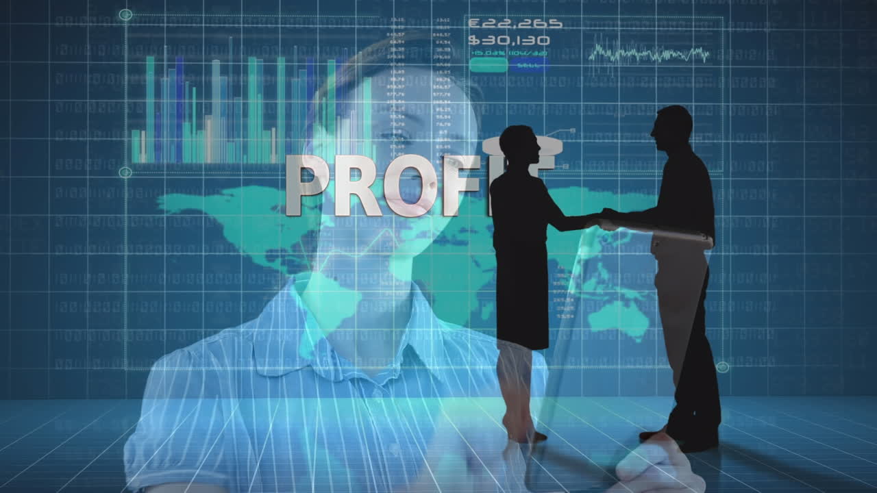 анимация обработки данных на карте мира и силуэты бизнесменов