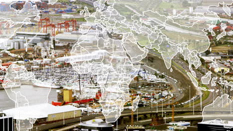 world map animation over busy industrial port and highway