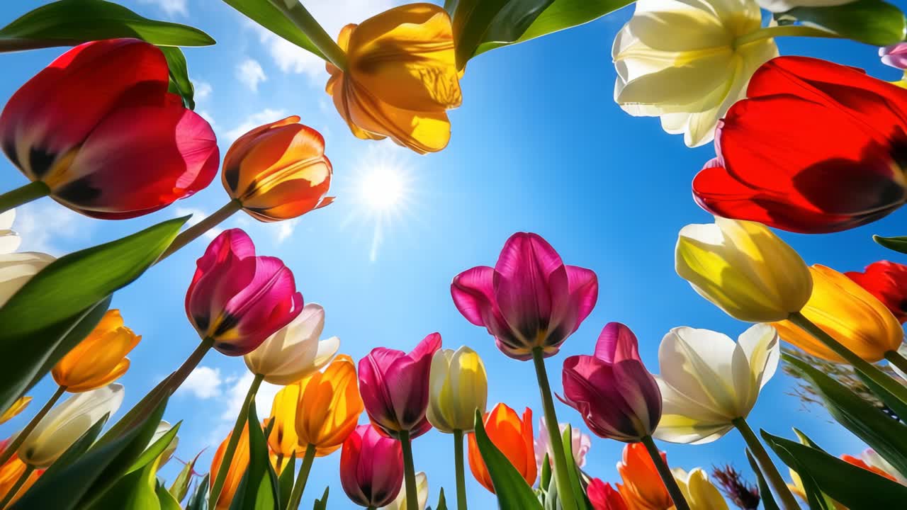 Vibrant tulips shot from a low angle against a bright blue sky, creating a lively and colorful scene