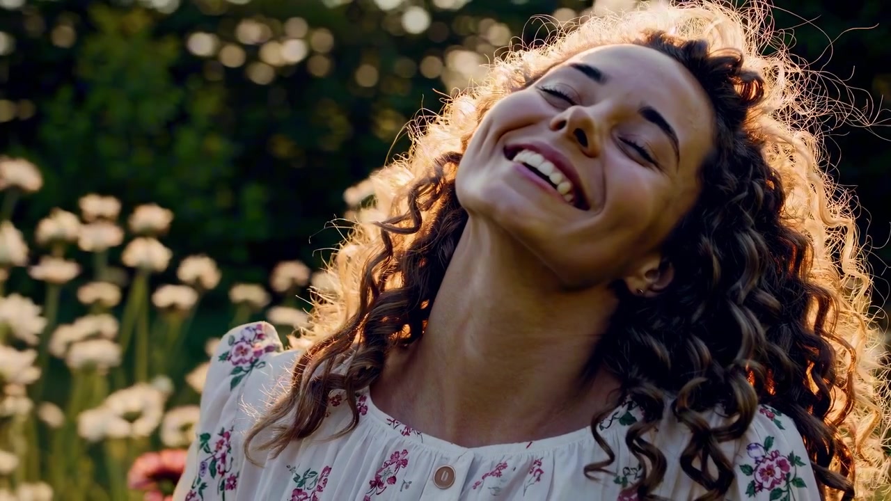 Jovem Mulher Alegre com Cabelo Cacheado Rindo em um Campo de Flores