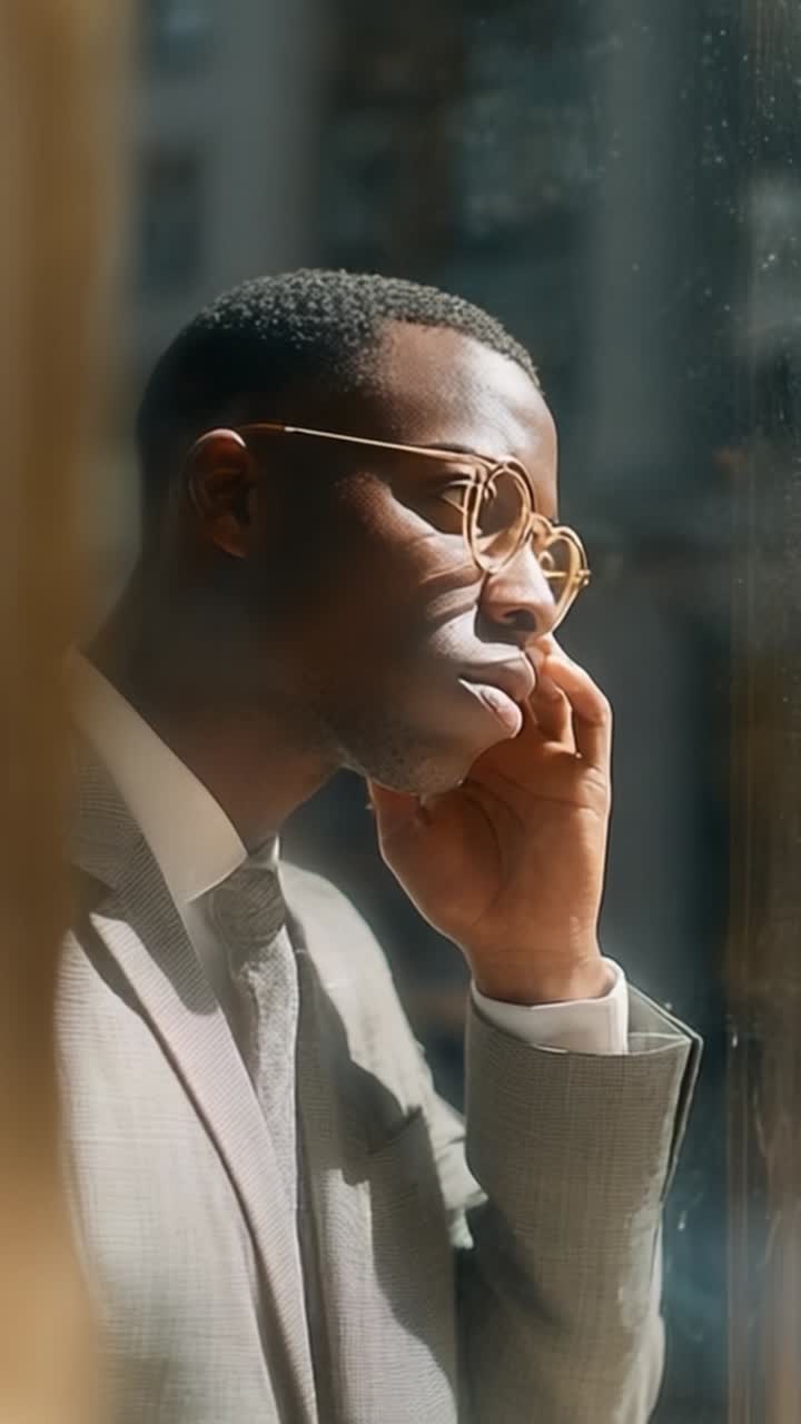 Contemplative Moment: A Well-Dressed Individual Reflects Deeply While Gazing Out the Window, Embracing Thoughts and Inspirations in a Sunlit Environment