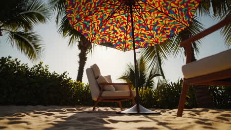 colorful beach umbrella and chairs on sandy shore