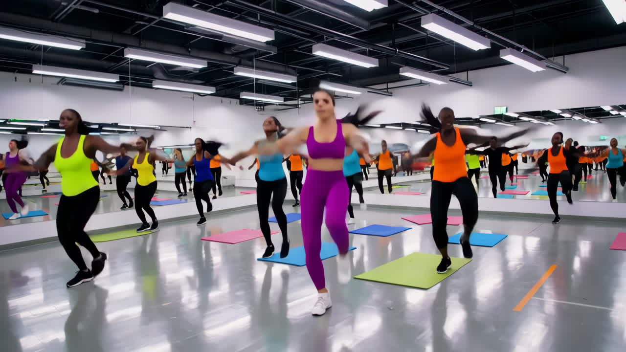 Diverse Women Engaging in Energetic Group Fitness Class