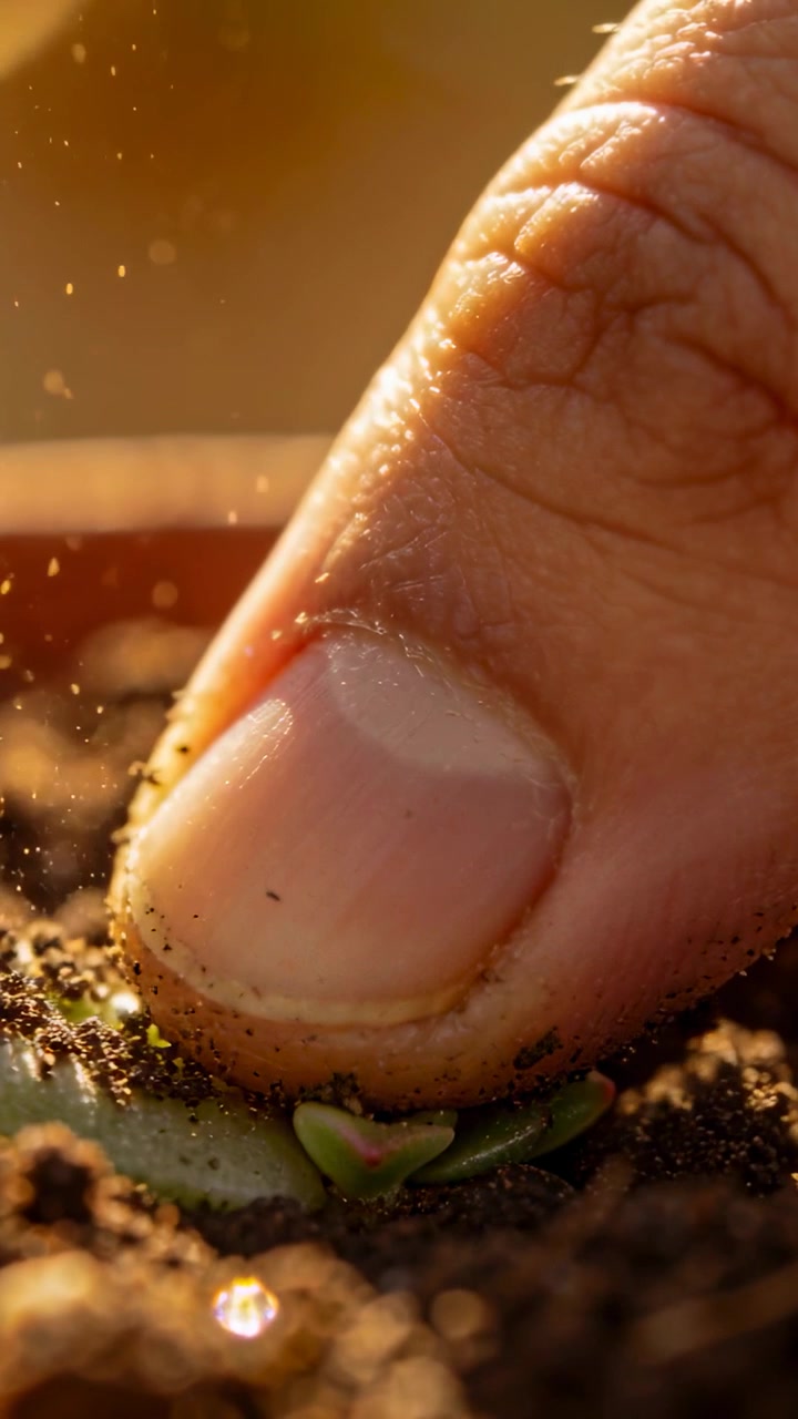 Video verticale: Posizionamento di una piccola succulenta, poi il pollice che preme nel terreno su un tavolo soleggiato, fissando la pianta.