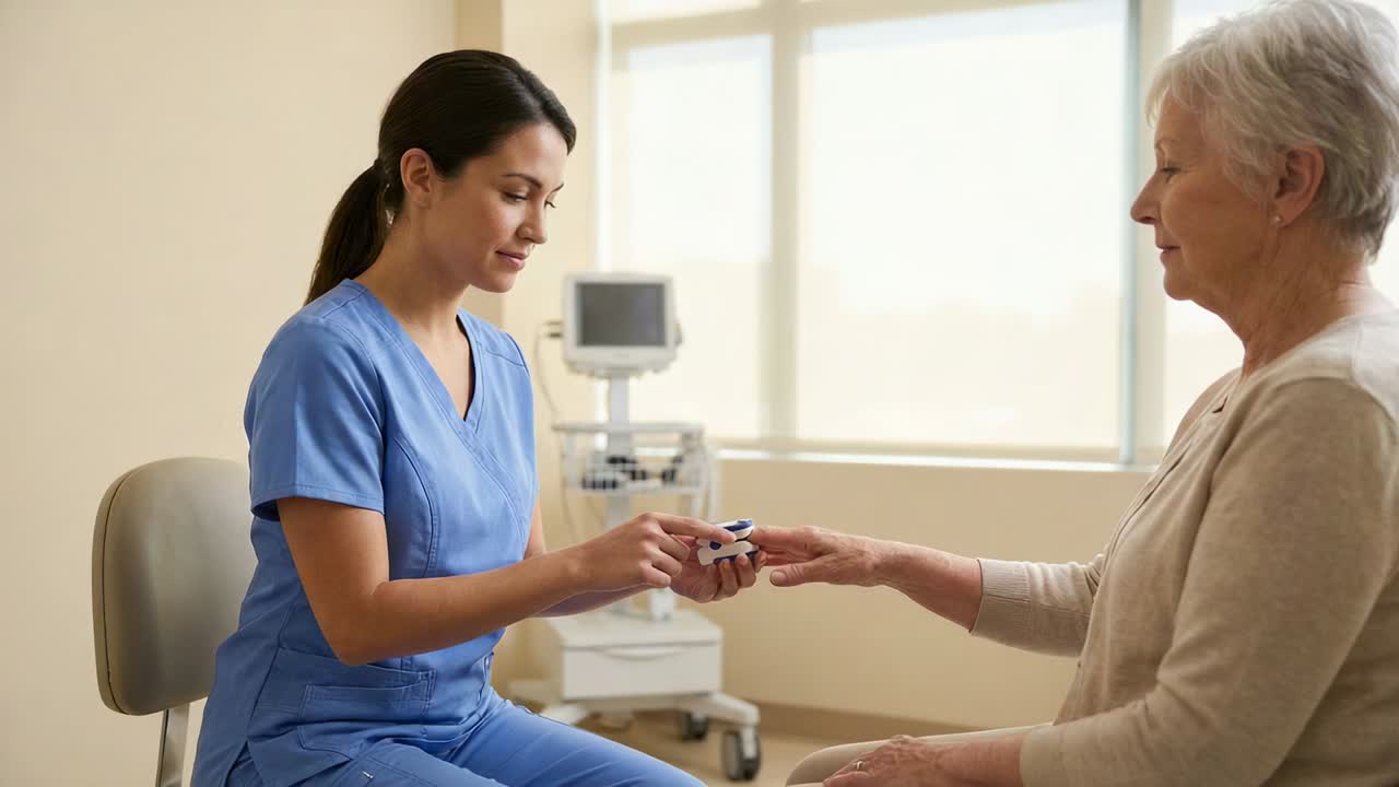 Clipping oximeter, nurse in scrubs responding to patient offering hand in clinic, checking vitals