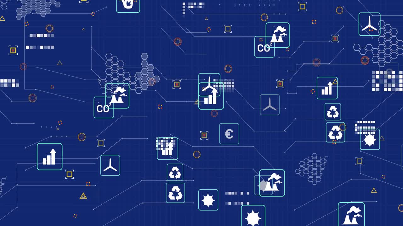 파란색 배경에 대한 여러 디지털 아이콘과 마이크로프로세서 연결의 애니메이션