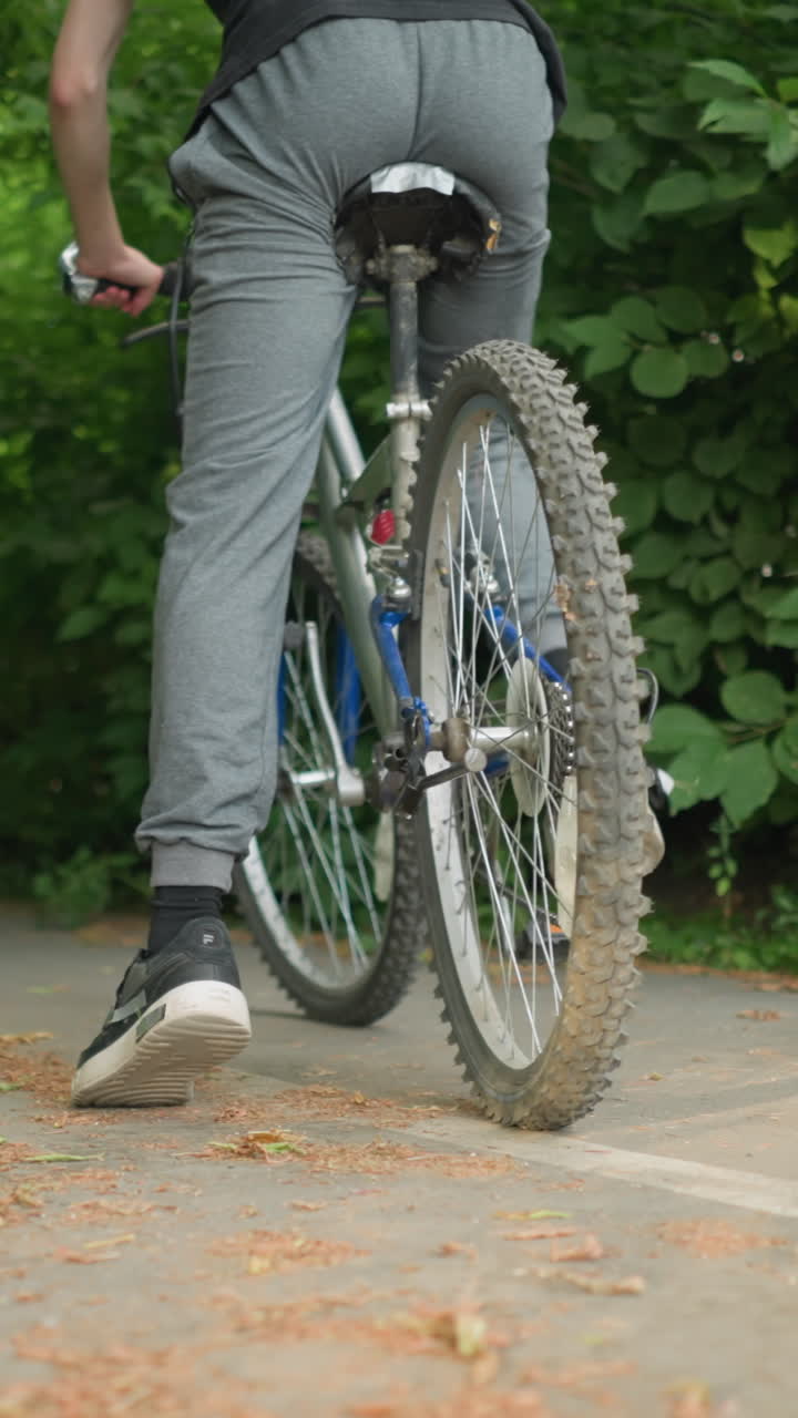 vista posterior del equilibrio individual mientras anda en bicicleta a lo largo de un camino pavimentado marcado con líneas blancas, rodeado de una vibrante vegetación exuberante, el suelo presenta hojas secas esparcidas