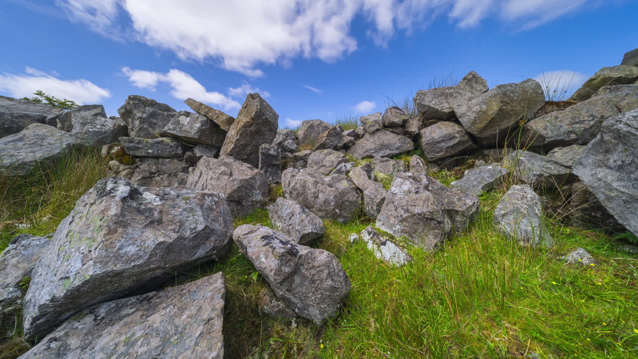 Panorama motion time lapse of rural landscape with rocky grassland hillside on a spring sunny day in Arigna mountains in county Leitrim in Ireland