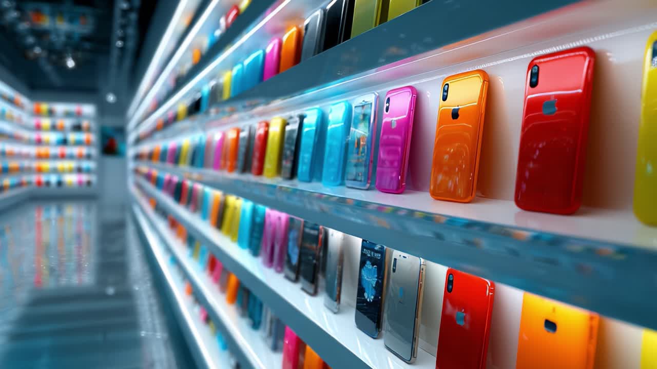 A Vibrant Showcase of Modern Smartphones Displayed on Shelves, Highlighting the Diversity in Colors, Styles, and Designs of Today’s Cutting-Edge Mobile Technology