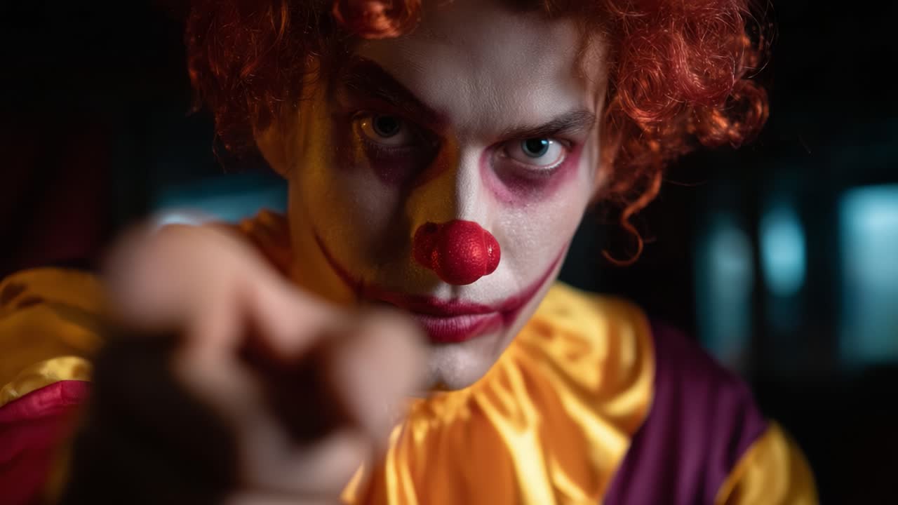 Un clown misterioso rivela uno sguardo intenso: un'inquietante trasformazione in cui i colori si fondono, intensificando l'atmosfera spettrale in due fotogrammi accattivanti