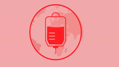 Animation-of-blood-collection-bag-donor-logo,-over-globe-on-pink-background