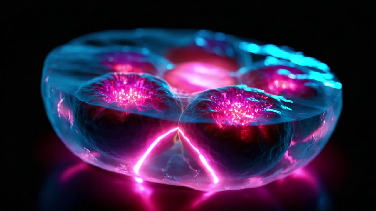 A captivating view of glowing cellular structures encapsulated in a translucent gel, showcasing luminous particles and intricate patterns that depict the wonder of bioluminescence and cellular design