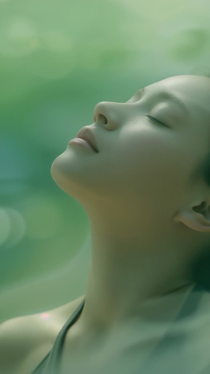 Vertical video: Asian woman in swimsuit floating and breathing in green pool water, finding calm