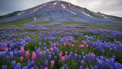 vibrant fields of wildflowers at the foot of a majestic mountain under a softly clouded sky: a scenic display of nature's beauty captured in two frames