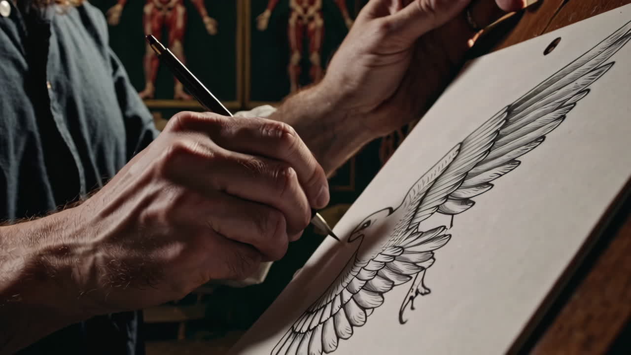 Tattoo Artist Drawing an Eagle Design