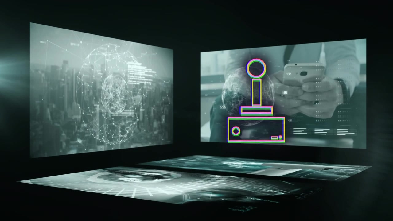 Animation af en videospilcontroller og finansiel databehandling.