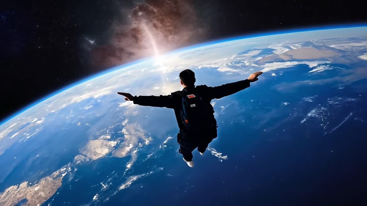 지구 위의 우주에서 떠다니는 사람