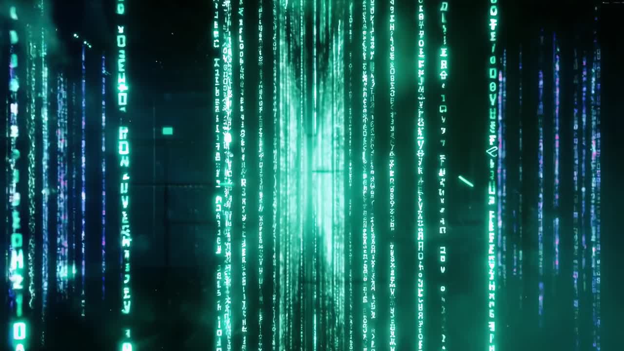 Futuristic video concept with a front-facing angle of glowing green digital code streams