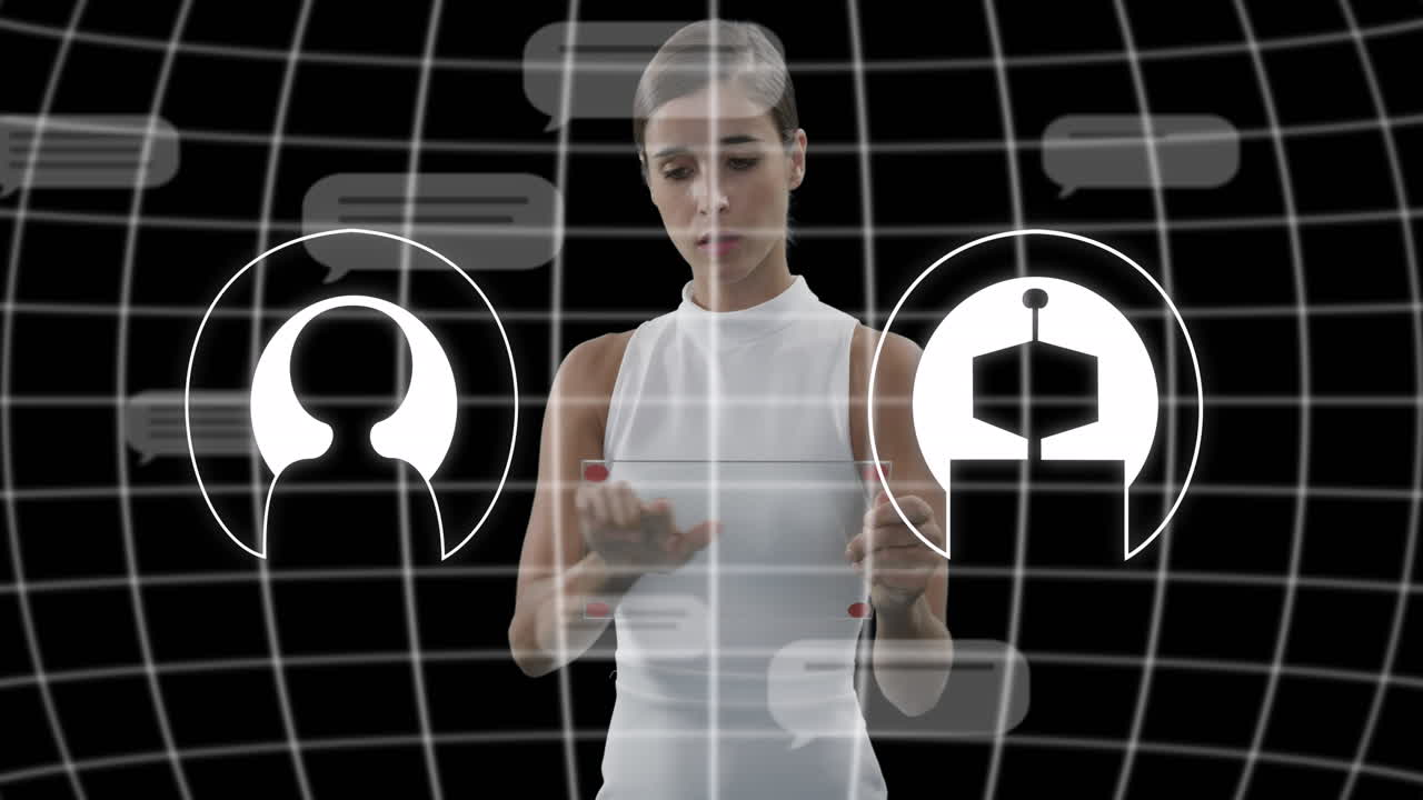 animación de íconos de procesamiento de datos sobre una mujer de negocios caucásica que usa una tableta