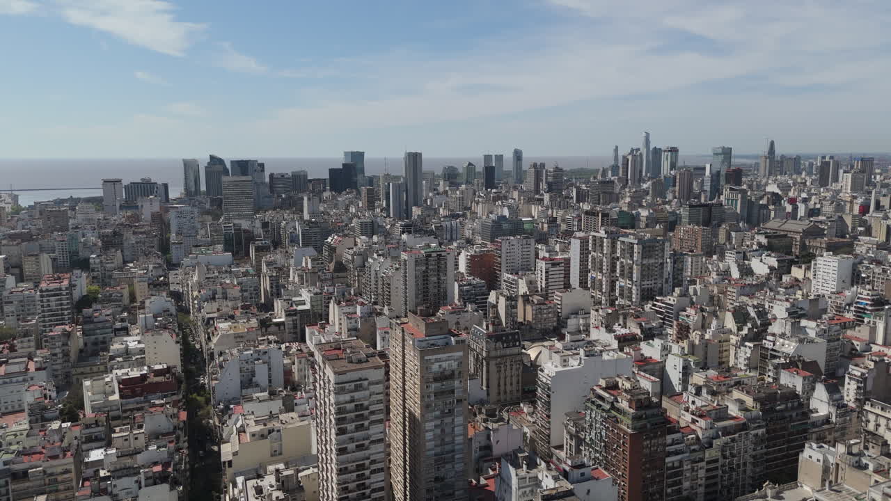 Pedestal shot of the city of Buenos Aires in Argentina, city center on a nice day with few clouds, copy space