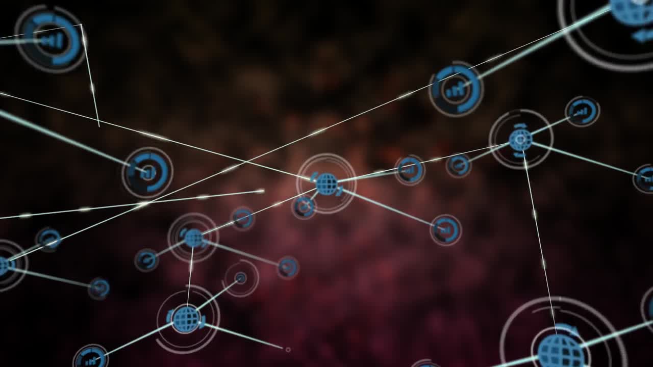 animación de la red de conexiones con iconos sobre fondo oscuro