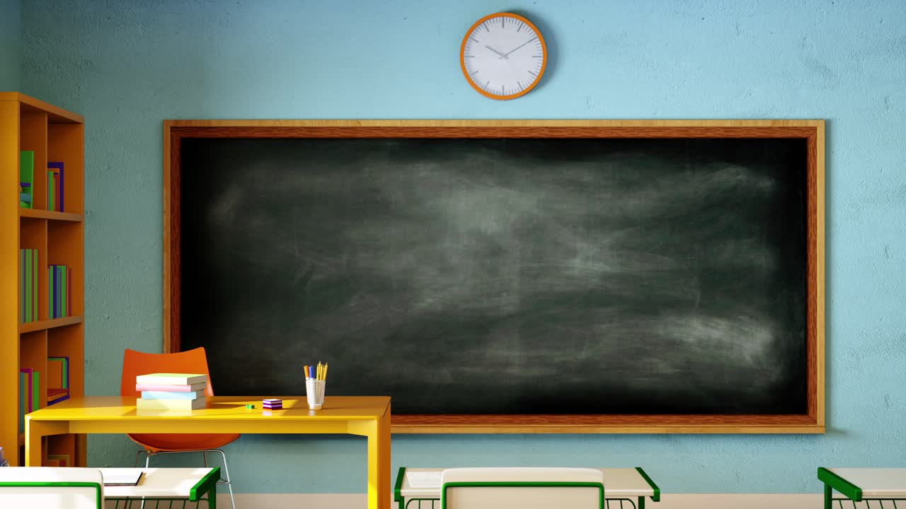 Leeg schoolbord aan de muur in een klaslokaal. 3D-animatie.
