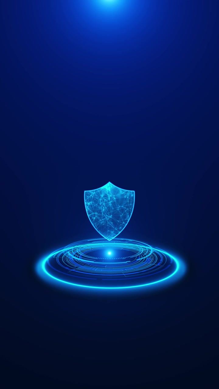 Blue cyber security shield background with glowing hologram icon circular platform network mesh and