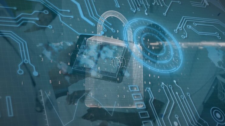 Animation of security padlock over man using tablet