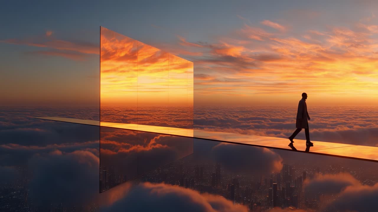 A solitary figure walks along a reflective path above the clouds, framed by a glass-like structure as the sun sets in a stunning display of colors, creating a surreal and dreamlike atmosphere