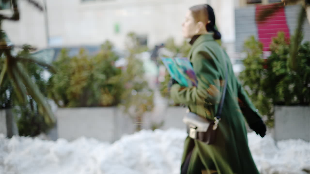 Winter street scene with snow and a woman walking