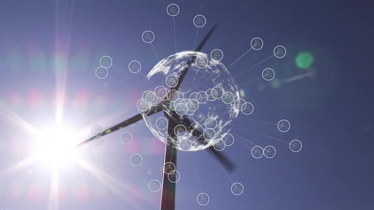 animación de redes de conexiones con fotos y globo sobre la turbina eólica