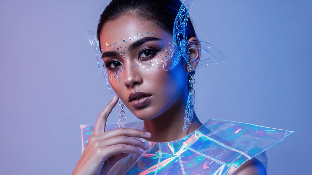 Una splendida fusione di glamour futuristico e bellezza eterea messa in mostra da una modella enigmatica con illuminazione blu ghiaccio e accessori trasparenti unici