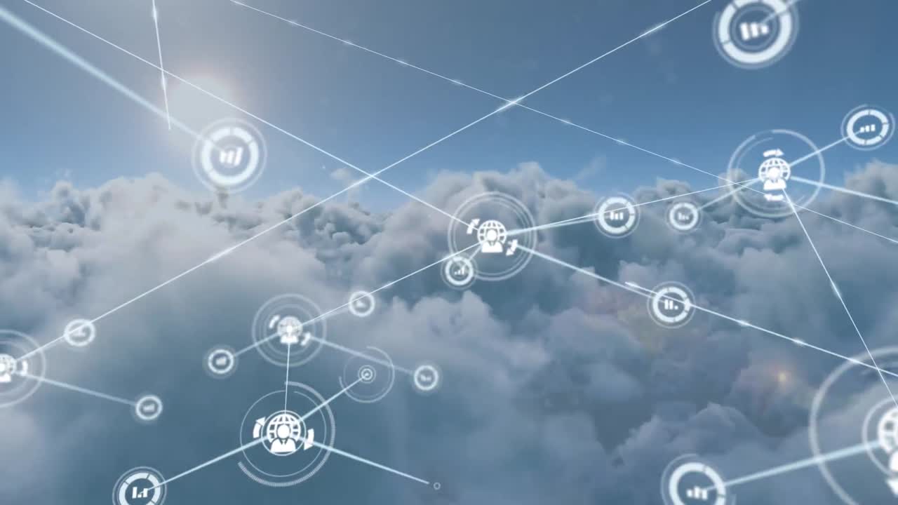 animación de la red de conexiones con iconos sobre el sol brillante y las nubes