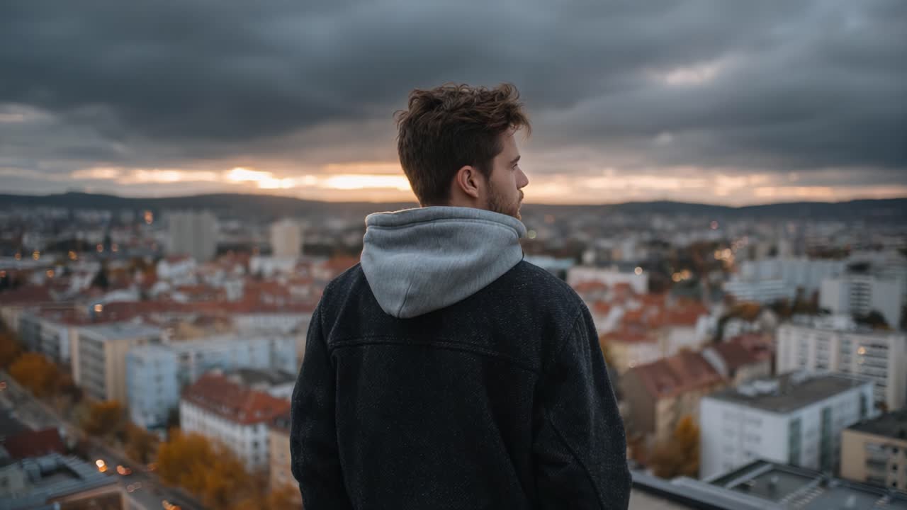 A Young Man Stands Overlooking a Cityscape at Sunset, Capturing a Moment of Reflection Amidst Dramatic Skies and Urban Landscape