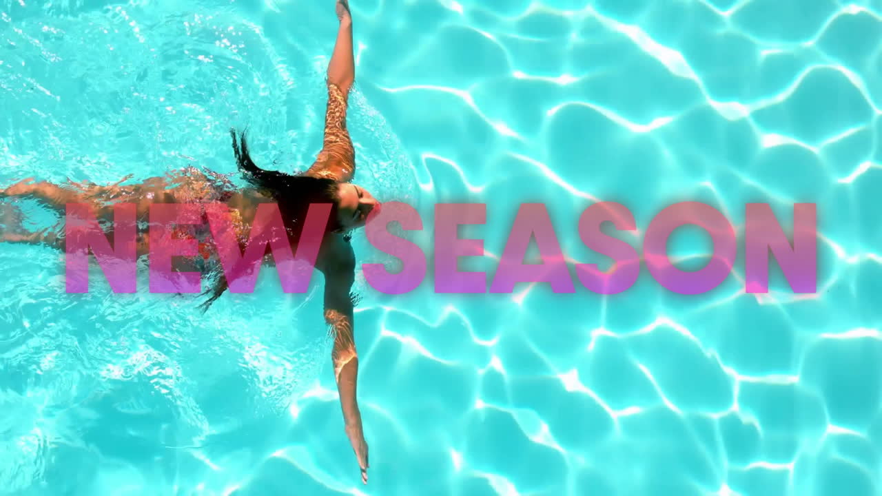 Swimming in pool, person with animation of NEW SEASON text overlay