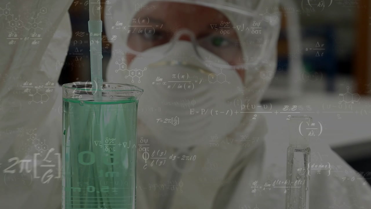 Lab tech lowering pipette, dispensing into beaker for accuracy, formulas overlaying beaker and tech