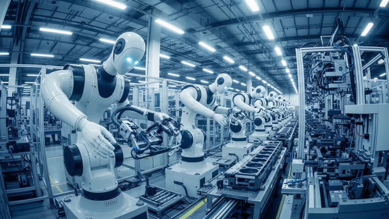 A High-Tech Robotic Workshop Showcasing Advanced Automation with Diligent Robots Performing Precision Tasks in an Innovative Manufacturing Environment