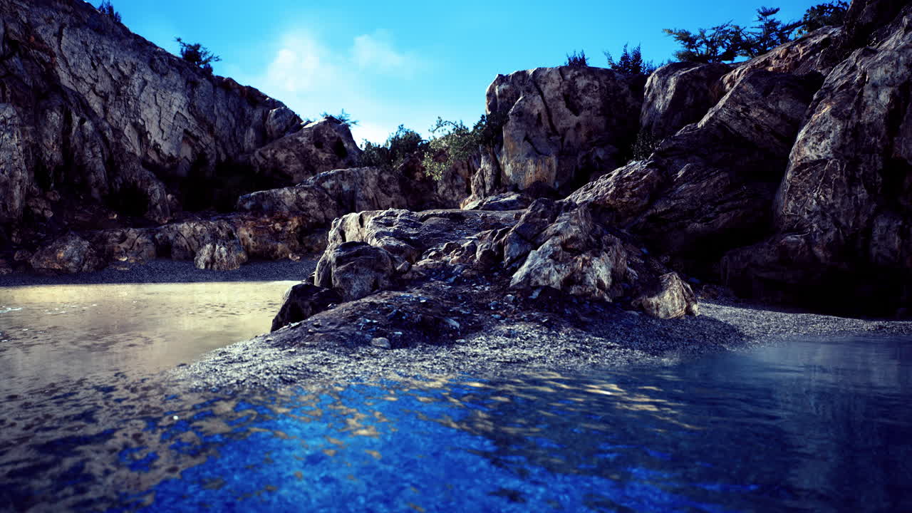 Peaceful coastal landscape with tranquil waters and rocky formations