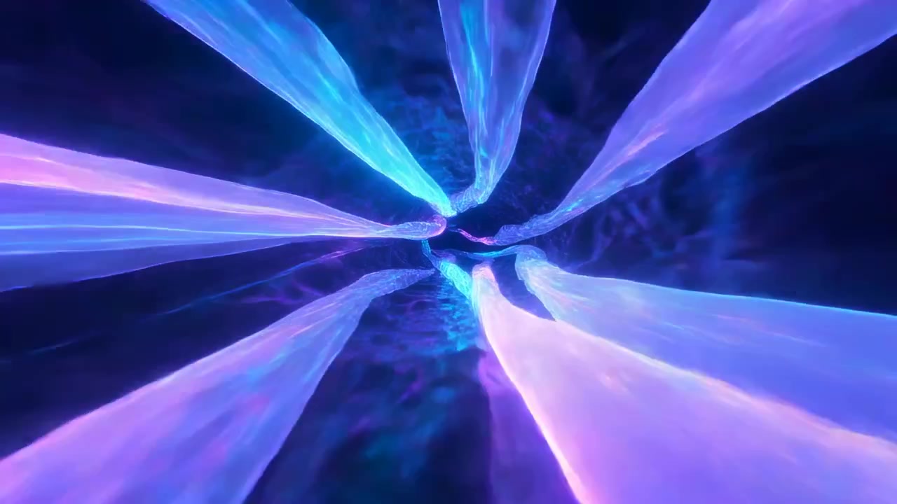 Seks gennemsigtige bånd snor sig mod et forsvindingspunkt, pulserende i cyan og magenta, hvilket antyder bevægelse.