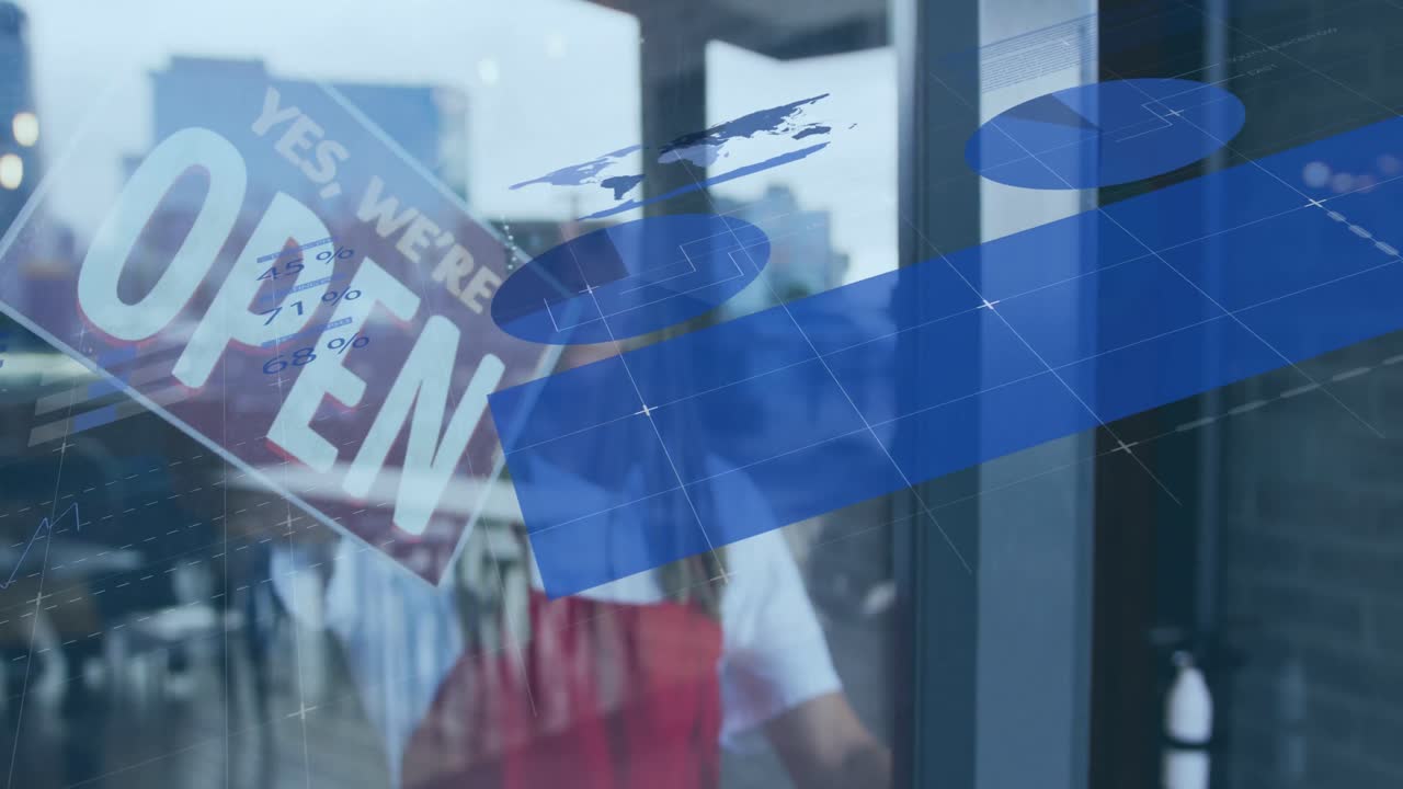 Animation af databehandling over afroamerikansk kvinde der lukker butik